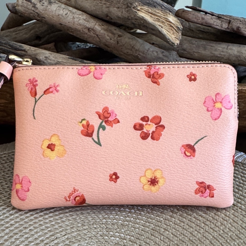 Coach Pink Floral Leather Zip Wristlet